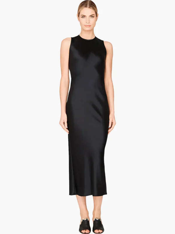 Satin Crew Neck Bias Dress
