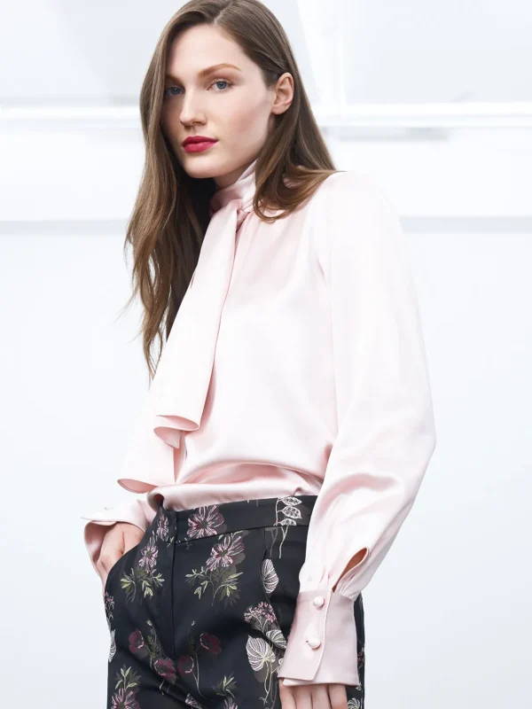 Satin Tie Neck Blouse With Relaxed Sleeves